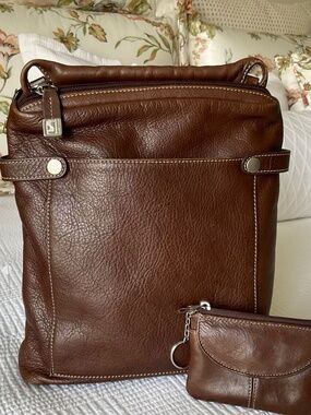 Soprano Leather Crossbody Shoulder Bag Brown Pebble Webbing Strap & Coin Pouch